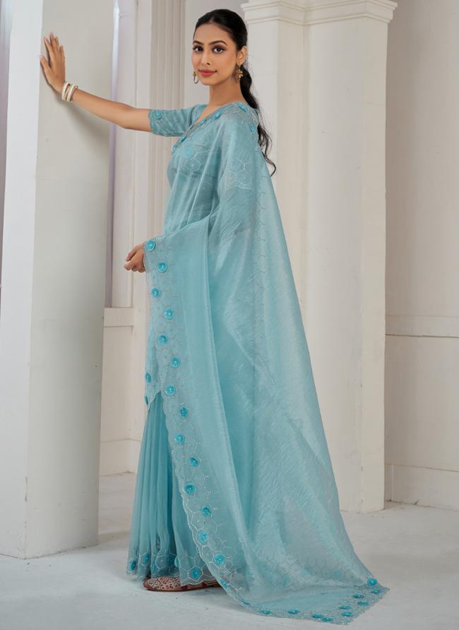 Soft Organza Sky Blue Party Wear Hand Work Saree